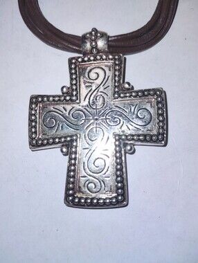 Silvertone Cross Premier Designs Leather Necklace